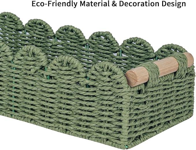 CubesLand Toilet Paper Storage Basket Scalloped Edge Home Decor Green Basket, Living Room Cozy Decor, Paper Rope Small Baskets for Over Toilet Storage Shelf, End Table, Shelves, with 2 Wooden Handles - ModernBath