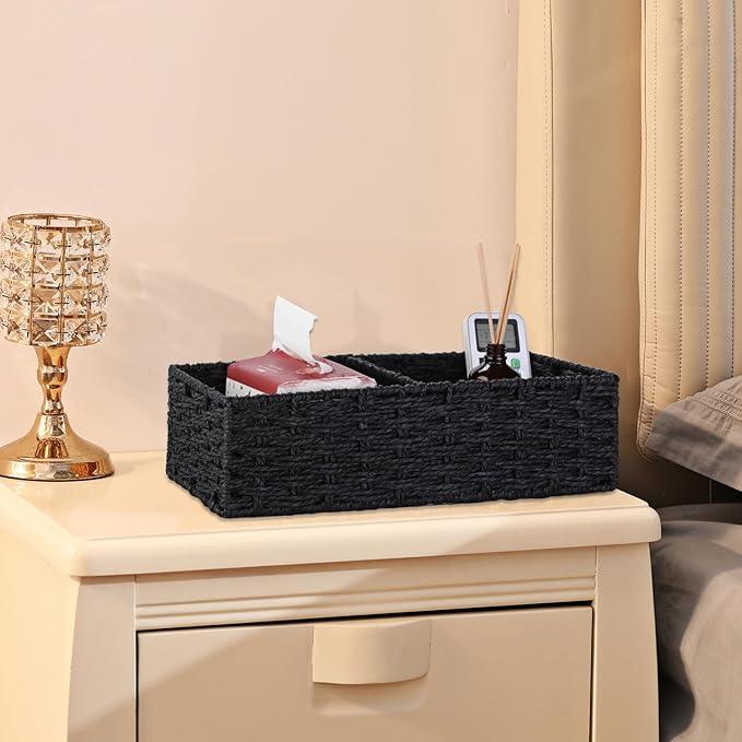 Vagusicc 2 Section Wicker Storage Basket, Black Wicker Baskets, Toilet Tank Basket, Small Baskets for Organizing Storage Shelves, 2-Pack - ModernBath