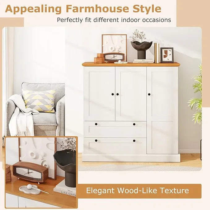 LOKO 47.5” Tall Buffet Cabinet with Storage, Modern Storage Cabinet with 3 Doors & 2 Large Drawers, Farmhouse Kitchen Pantry with Removable Shelf for Dining Room, Living Room, Home Bar - ModernBath
