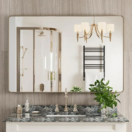 JISOSO Bronze Bathroom Mirror 48x32 Inch, Brushed Bronze Metal Frame Mirror for Wall, Rounded Rectangle Bathroom Vanity Mirror with Tempered Glass, Anti-Rust, Horizontal/Vertical - ModernBath