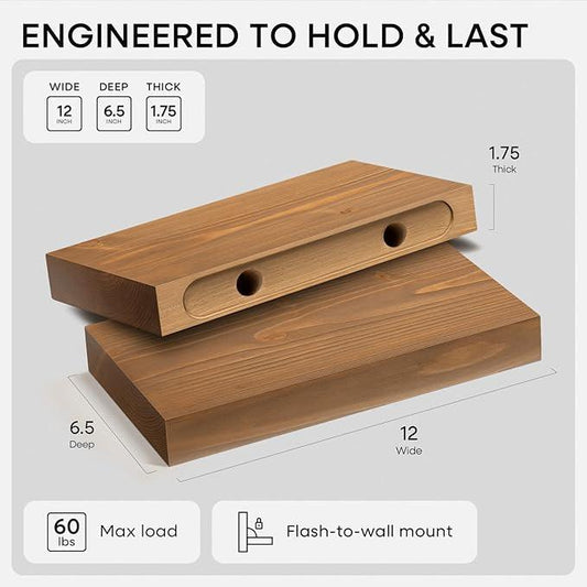 Homeforia 12 inch Golden Oak Floating Shelf, High End Solid Real Wood 12inch Small Floating Shelves for Wall Mounted, Oak Wooden 12in Floating Shelves, Heavy Duty Bracket, 12 X 6.5 X 1.75 in, Set of 2 - ModernBath