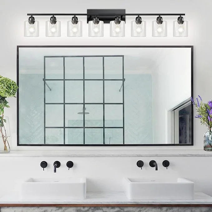 FAISHILAN Modern 8 Light Bathroom Light Fixtures, 52 inch Vanity Lights for Bathroom with Clear Glass, Black Bathroom Light Fixture for Mirror Kitchen Living Room Hallway Cabinet Porch - ModernBath