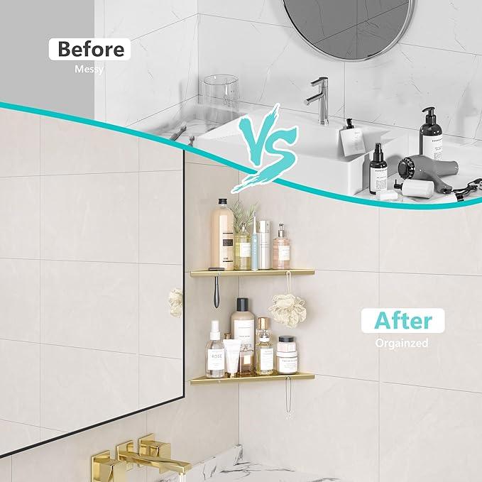 10" Bathroom Corner Shelf, 2 Pack Recessed Shower Shelf Caddy, SUS304 Stainless Steel Shelf Wall Mount Triangular, No Drilling Brushed Golden - ModernBath