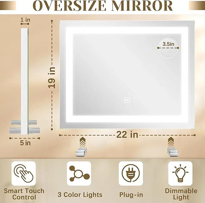 ROLOVE 22x20 Inch Lighted Vanity Mirror, 3-Mode Touch Dimming LED Lighting, Large Makeup Mirror for Dressing Room, Tabletop or Wall-Mounted, White - ModernBath