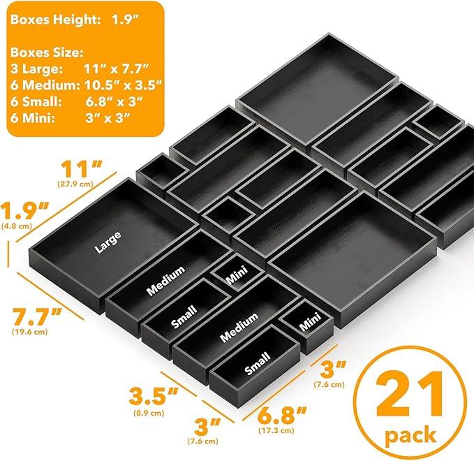 SpaceAid 21-Piece Bamboo Drawer Organizer Storage Boxes Set, Wood Tray Junk Drawer Organizers Multi-Use Divider Bins for Kitchen, Bathroom, Office Desk and Makeup Organization (21 Pack, Black) - ModernBath
