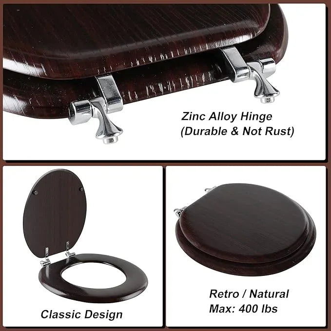 Round Toilet Seat Molded Wood Toilet Seat with Zinc Alloy Hinges, Easy to Install also Easy to Clean, Anti-pinch Wooden Toilet Seat by Angol Shiold (Round, Dark Brown) - ModernBath