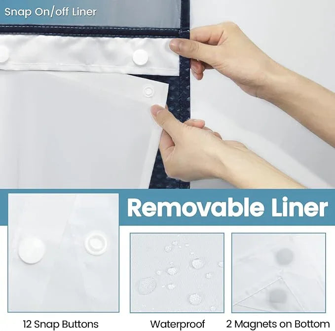 EUTXL Navy Blue Long No Hook Shower Curtain with Snap in Liner,230GSM Waffle Weave Shower Curtains for Bathroom,71W x 86H - ModernBath