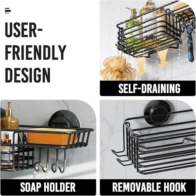 LEVERLOC Shower Caddy Suction Cup, Suction Caddy with Hooks and Soap Holder for Bathroom, No-Drilling Bathroom Shower Organizer, Black - ModernBath