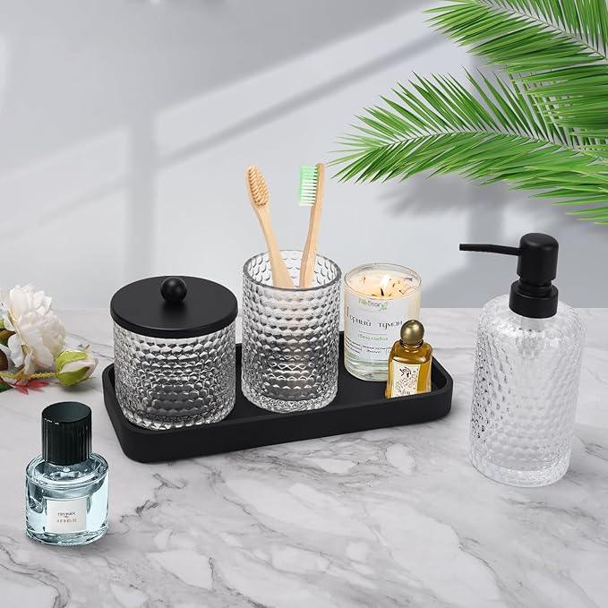 Bathroom Accessory Set,4 Pcs Clear Glass Bathroom Accessories Set-Lotion Soap Dispenser,Toothbrush Holder,Qtip Holder Dispenser & Resin Vanity Tray,Countertop Vanity Organizer,Crystal Clear - ModernBath