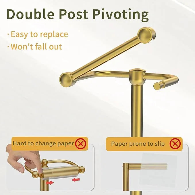 Toilet Paper Holder Stand, Modern Bathroom Free Standing Toilet Paper Holder with Storage for 4 Rolls, Post Pivoting Toilet Paper Stand Stainless Steel Tissue Rack, Heavy Stable Base(Brushed Gold) - ModernBath