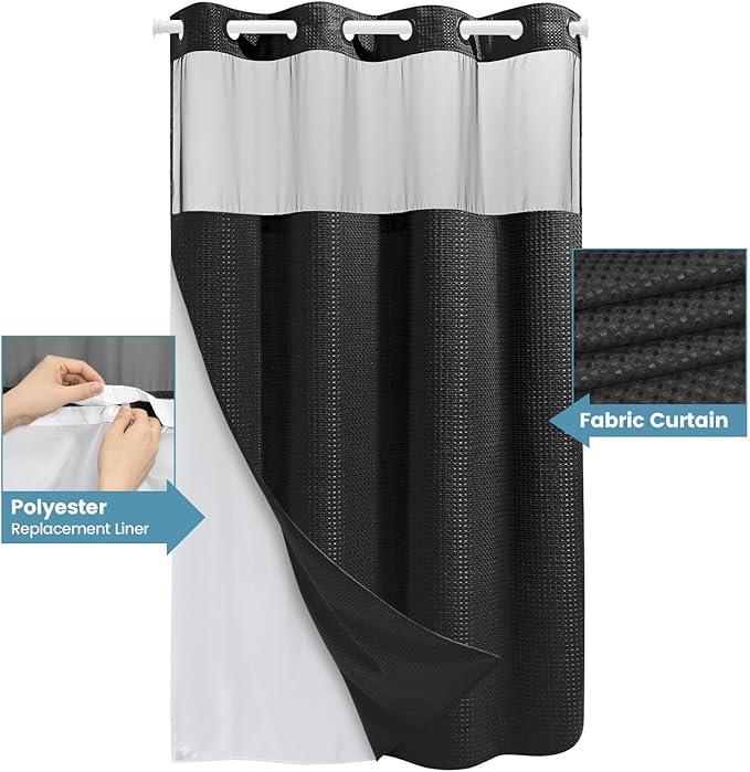 EUTXL Stall No Hook Shower Curtain with Snap in Liner,230GSM Waffle Weave Shower Curtains for Bathroom,60W x 74H,Black - ModernBath