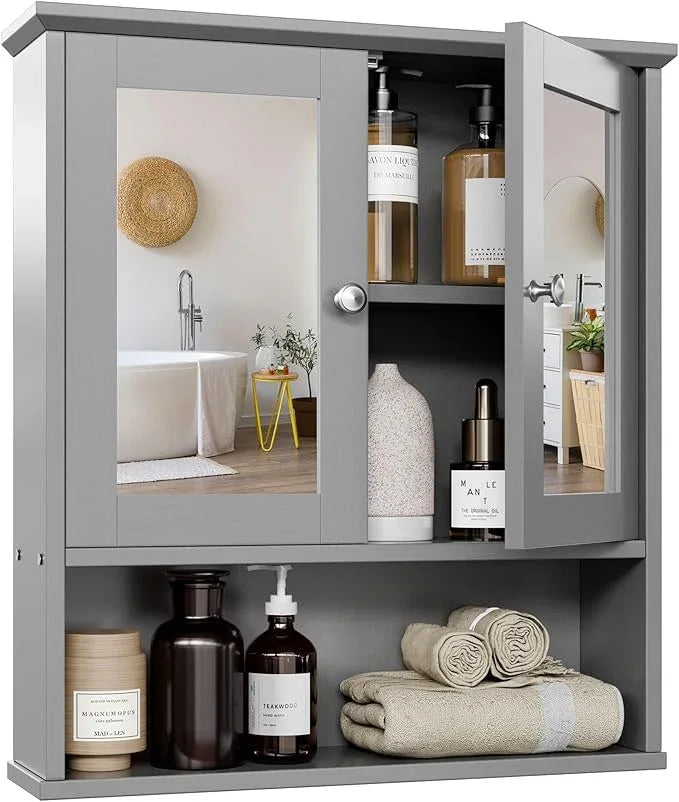 SUNLEI Bathroom Cabinet with Mirror, Wall Cabinet with 2 Mirrored Doors & Open Compartment Bathroom Cabinet Wall Mounted with Mirror Door (Ivory Grey) - ModernBath