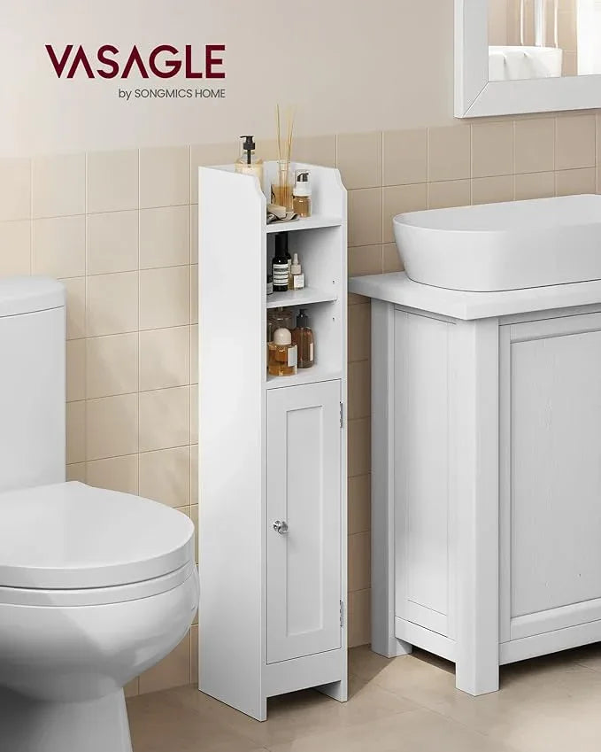 VASAGLE Small Storage Corner Floor Cabinet with Door, 7.9 x 7.1 x 36.2 Inches, Narrow Toilet Paper Storage Holder, Adjustable Shelves, for Bathroom, Living Room, Small Spaces, Cloud White UBBC311W01 - ModernBath