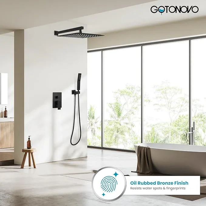 gotonovo Rainfall Bathroom Shower System Rain Shower Head and Handle Set Wall Mounted Shower Complete Combo Solid Brass Pressure Balancing Shower Mixer Valve 16 Inch Oil Rubbed Bronze - ModernBath