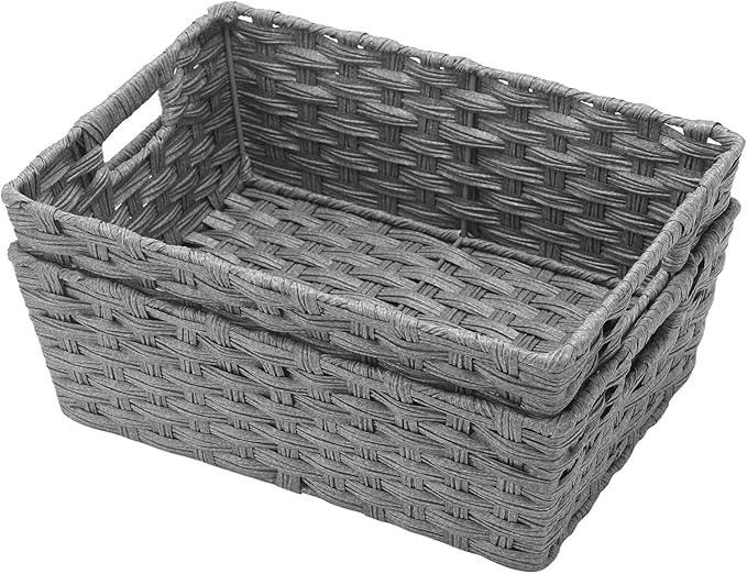 Onlytak Large Wicker Storage Basket, Metal Frame, Set of 2, Washable Waterproof, 15" x 10.3" x 5.2", Grey Color, Woven Basket for Pantry, Toilet, Bathroom, Bedroom, Patio - ModernBath