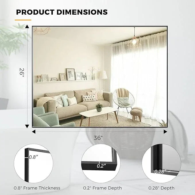 Bonverre 27x36 Inch Black Bathroom Mirror for Wall, Aluminum Frame Rectangle Rectangular Vanity Mirror, Modern Large for Bedroom, Living Room, Horizontal or Vertical - ModernBath