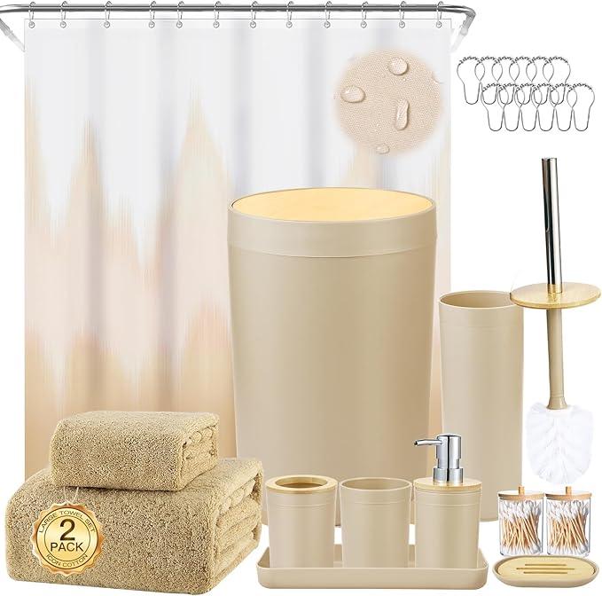 iMucci Bathroom Accessories Bathroom Sets with Shower Curtain, Bath Towel Set, Trash Can, Toilet Brush, Soap Dispenser, Bathroom Accessories Set Complete - ModernBath