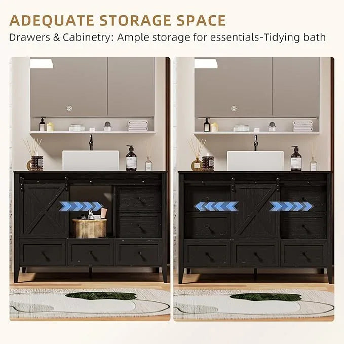 VNN Bathroom Vanity with Sink - 48 Inch Bathroom Vanity with Sink Ceramic, Freestanding Cabinet with Farmhouse Sliding Barn Door and 7 Drawers, Space-Saving Storage Cabinet, Wood Grain Texture, Black - ModernBath