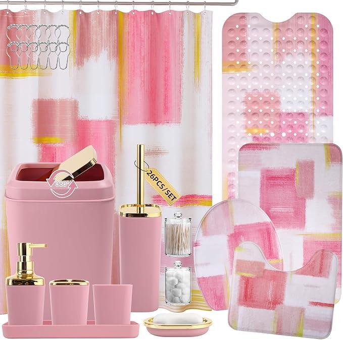 XLHOMO Bathroom Accessories Set - 26PCS Pink Bathroom Set, Bathroom Accessory Set with Shower Curtain and Rugs and Bathtub Mats for Home - ModernBath