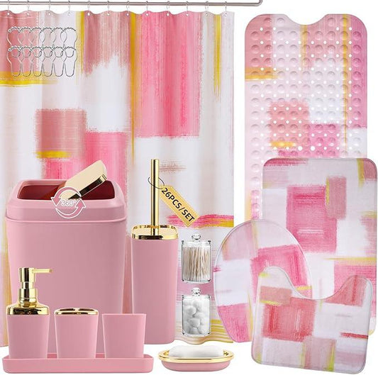 XLHOMO Bathroom Accessories Set - 26PCS Pink Bathroom Set, Bathroom Accessory Set with Shower Curtain and Rugs and Bathtub Mats for Home - ModernBath