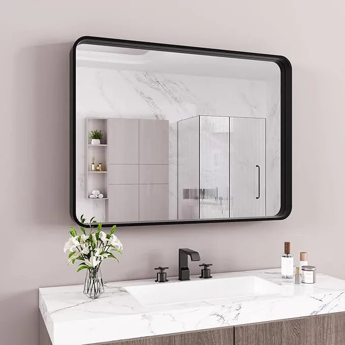 JISOSO Black Bathroom Mirror 40X30 Inch, Black Metal Framed Mirror for Wall, Rounded Rectangle Matte Bathroom Vanity Mirror with Tempered Glass, Anti-Rust, Horizontal/Vertical - ModernBath