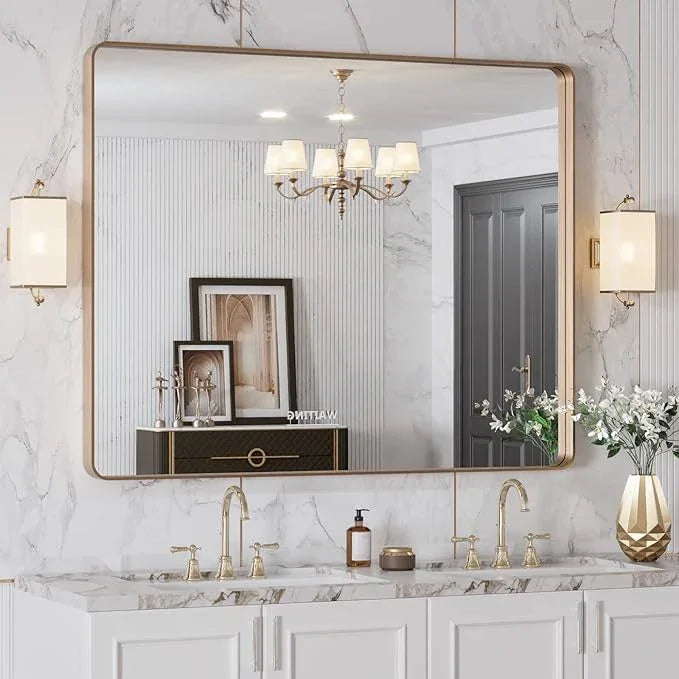 LOAAO 40"X32" Gold Bathroom Mirror, Rounded Rectangle Gold Frame Mirror, Brushed Gold Bathroom Vanity Mirror Wall-Mounted, Anti-Rust, Tempered Glass, Hangs Horizontally or Vertically - ModernBath