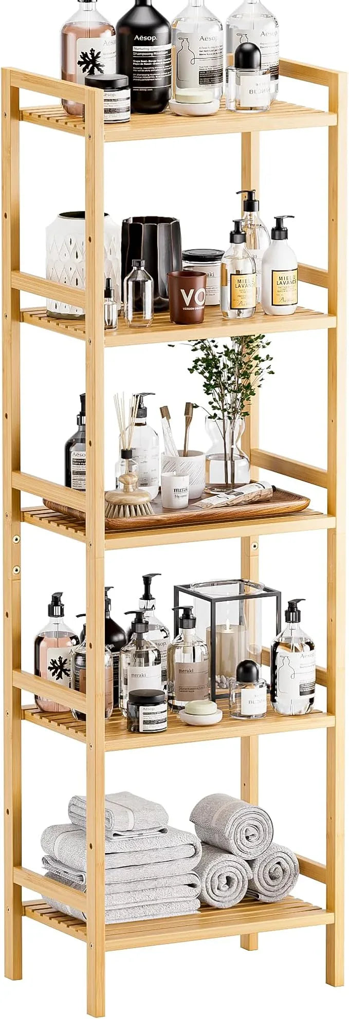 HITNET Tall Narrow Bookshelf, 5 Tier Bathroom Shelf Bamboo, Floor Standing Display Storage Organizer for Small Space, Adjustable Shelves, Natural Wood Bookcase - ModernBath