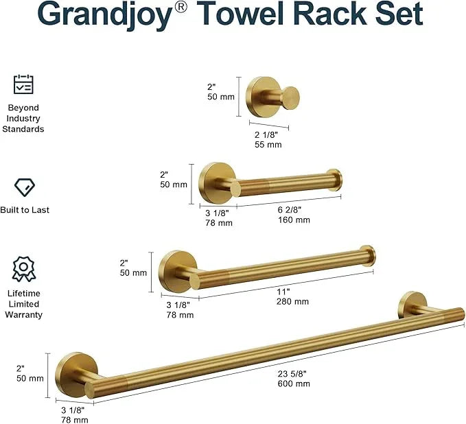 Brushed Gold Bathroom Hardware Accessories Set, Knurled SUS304 Stainless Steel Kit, Towel Bar, Ring, Robe Hook, Paper Holder, Wall Mounted - ModernBath