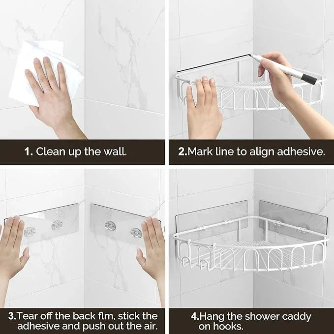Orimade Corner Shower Caddy with 2 Hooks Wall Mounted Metal Bathroom Shelf Storage Organizer Adhesive No Drilling 2 Pack, White Only for 90-Degree Corner - ModernBath