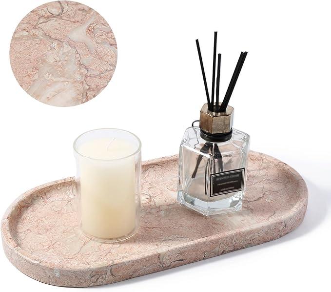 Koville Pink Marble Tray for Bathroom Countertop, Vanity Tray Stone Trays for Decor, Natural Marble Decorative Tray for Dresser Organizer, Storage Trays for Perfume, Jewelry, Cosmetics(Coquille Pink) - ModernBath