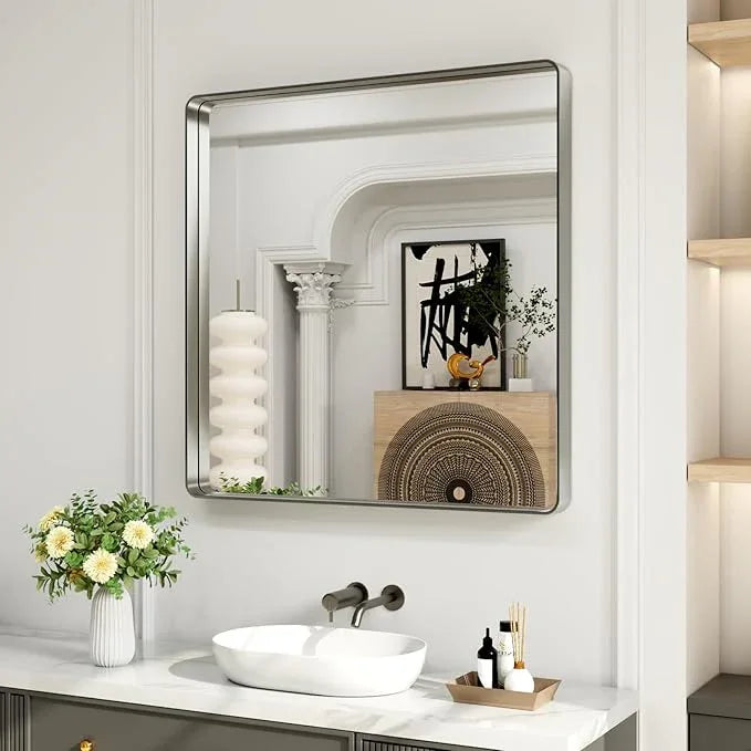 LOAAO 30X30 Inch Brushed Nickel Bathroom Mirror, Rounded Rectangle Silver Metal Frame Mirror, Brushed Nickel, Anti-Rust, Shatter Proof, Hangs Horizontally or Vertically - ModernBath