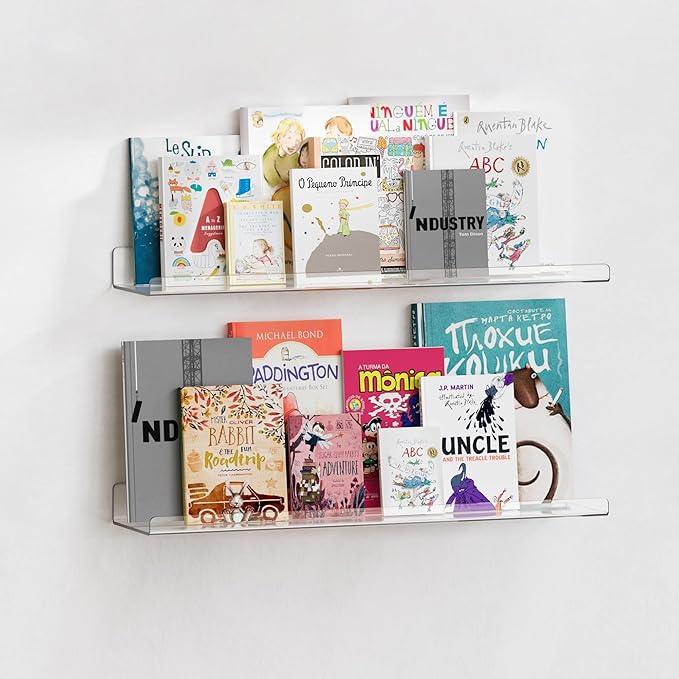 upsimples 2 Pack 23.6x5.5 Inches Acrylic Shelves for Wall Storage, Floating Bookshelves for Kids, Display Shelf Organizer for Bathroom, Bedroom, Living Room, Kitchen, Clear - ModernBath
