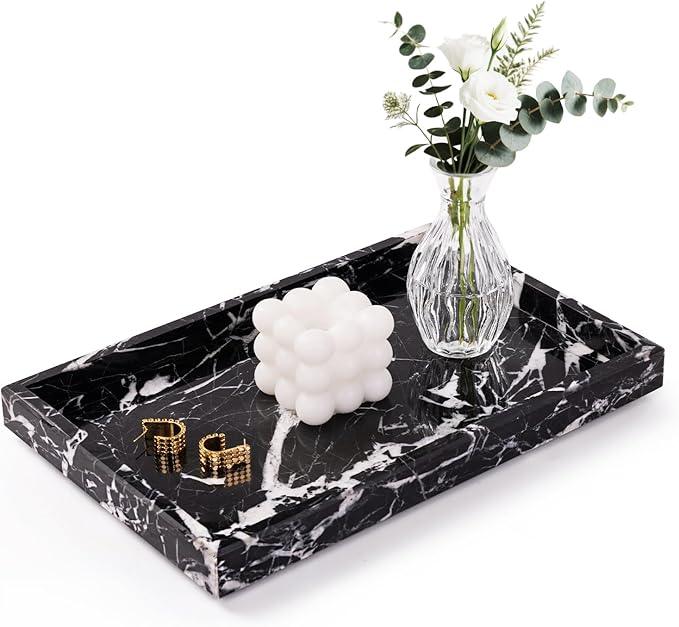 Homaura Marble Bathroom Tray for Countertop & Home Decor, Natural Decorative Marble Tray for Jewelry & Perfume Organizer, Luxury Stone Vanity Trays for Dresser, Kitchen Counter, 12" x 8", Black - ModernBath