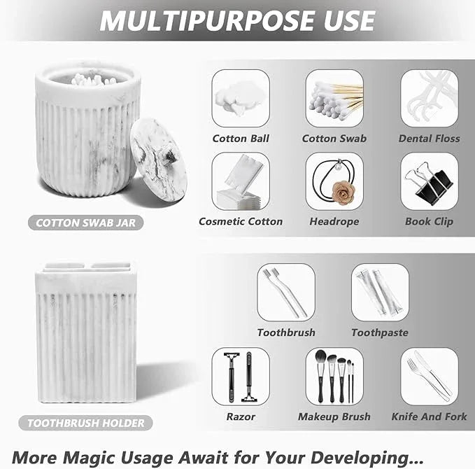 XLHOMO Resin White Marble Bathroom Accessories Set 5 Pcs, Lotion Soap Dispenser, Toothbrush Holder, Bathroom Tumbler, Qtip Holder and Vanity Tray, Bathroom Countertop Organizer Set for Home Apartment - ModernBath