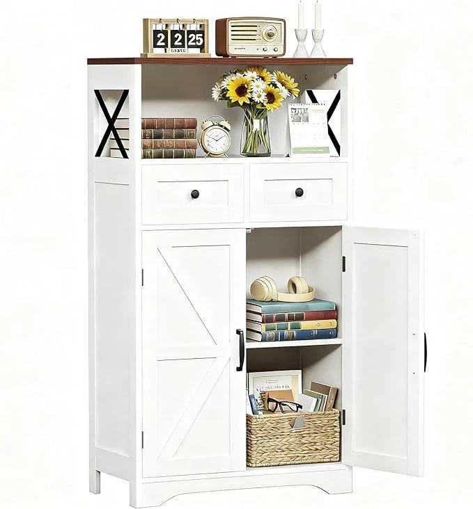 SUPER DEAL Farmhouse Storage Cabinet, Bathroom Floor Cabinet Kitchen Pantry with Doors and Drawers, Hutch Cupboard for Laundry, Living Room, Bedroom, White - ModernBath