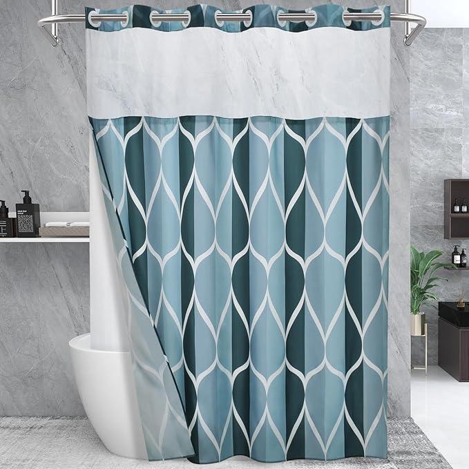 Yiatn No Hook Aegean Blue Long Shower Curtain with Snap in Fabric Liner Set - Hotel Style with See Through Mesh Top Window, Modern Geometric Waterdrop Design,Waterproof and Washable, 71x86 INCH - ModernBath