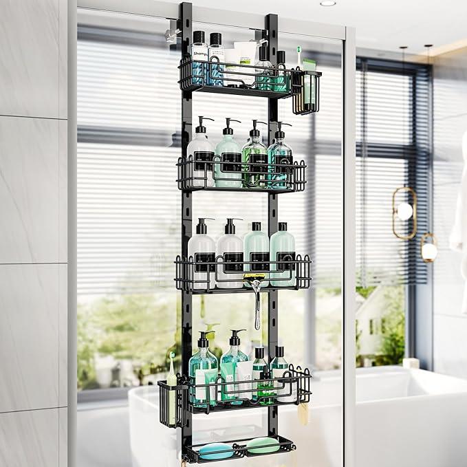 HapiRm 5 Tier Over the Door Shower Caddy, Hanging Shower Caddy with 28 Hooks and 2 Toothbrush Holders, No Drilling Adjustable Hanging Bathroom Organizer - Black - ModernBath