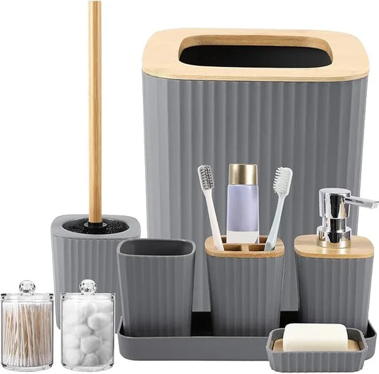 XLHOMO Grey Bathroom Accessories Set, 9 Piece Gray Bathroom Set, Bathroom Accessory Sets Compelete with Trash Can, Toothbrush Holder, Cup, Lotion Dispenser, Tray, Soap Dish, Toilet Brush, Qtip Holders - ModernBath