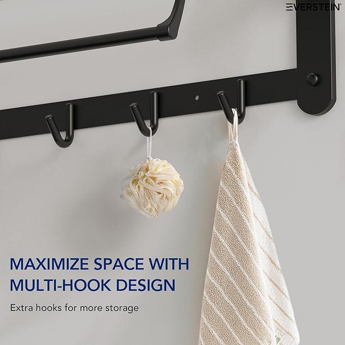Bathroom Towel Rack with Storage Shelf and 5 Hooks, 23.6 in Foldable Towel Shelf Bar, Wall Mounted Lavatory Organizer，Matte Black - ModernBath
