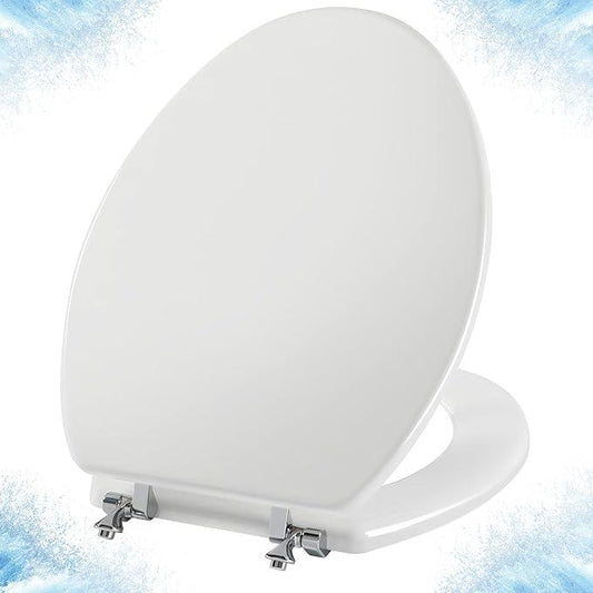 Elongated White Toilet Seat Natural Wood Toilet Seat with Zinc Alloy Hinges, Easy to Install also Easy to Clean, Scratch Resistant by Angol Shiold (Elongated, White) - ModernBath