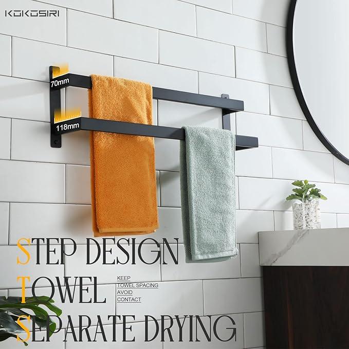 KOKOSIRI Towel Bars Black Bath Towel Holders 24-Inch Bathroom 2-Tiers Ladder Towel Rails Wall Mounted Towels Shelves Rack Stainless Steel, B5008BK-L24 - ModernBath