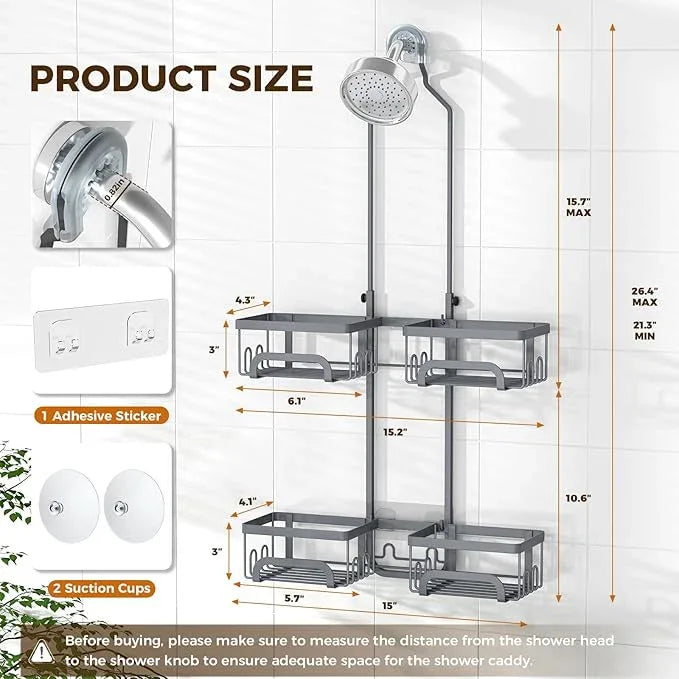 REINHARDT Adjustable Shower Caddy Hanging Split Shower Caddy for Handheld Showerheads, Rustproof Shower Organizer with Hooks for Razors Over the Head Caddy with Soap Holder Bathroom Accessories, Grey - ModernBath