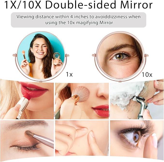 7"Rose Gold Glitter Diamond Rhinestone Makeup Mirror,360°Rotate Round Tabletop Vanity Mirror Double Sided 1X/10X HD Undistorted Magnifying Mirror,Portable Vanity Women Gift (No Lamp Rose Gold) - ModernBath