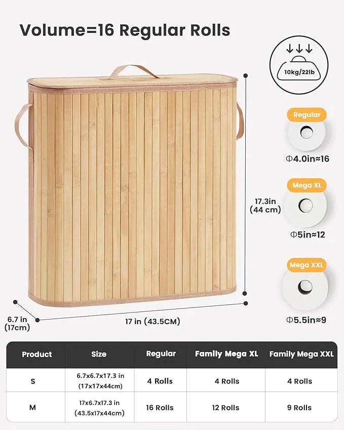 Bamboo Toilet Paper Storage Basket with Lid & Handle - 32L Large Capacity Handwoven Bathroom Organizer for 16 Rolls - Sturdy Stand Holder for Toilet Paper Organization, Natural - ModernBath
