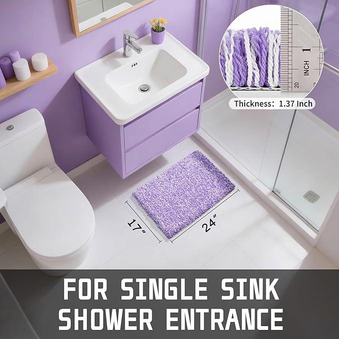 Yimobra Bathroom Rugs Non Slip Washable, Ultra Soft and Water Absorbent Bath Mats, Plush Fluffy Shower Mat Outside, Microfiber Thick Matts for Bathroom Floor/Sink, 24x17, Purple and White - ModernBath