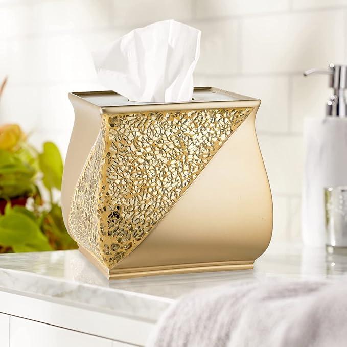 Zahari Home 2pc Sinatra Modern Bath Accessories Set Waste Basket & Tissue Box Champagne Gold Modern Decorative Beautiful Designs Bathroom Decor Set for Home Luxury Bath Set Mosaic Glass - ModernBath