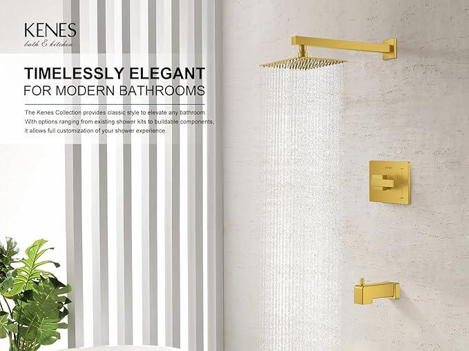 KENES Brushed Gold Tub and Shower Trim Kit, Square Tub Shower Faucet Set Complete with 10-Inch Rainfall Shower Head and Tub Spout, KE-6024A-4 (Shower Valve Included) - ModernBath