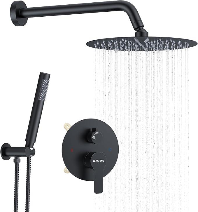 KOJOX 12-Inch Matte Black High-Pressure Shower System: Complete Set with Rainfall & Handheld Shower Heads, Wall-Mounted Mixer Faucet, Rough-In Valve, & Trim Kit for Bathroom - ModernBath