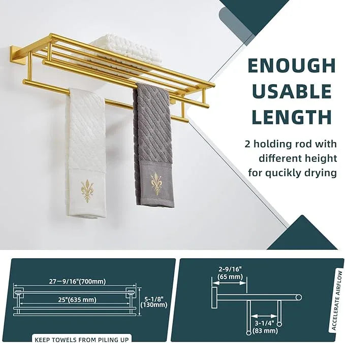 Angle Simple Towel Rack for Bathroom, SUS 304 Stainless Steel Hand Towel Holder with Shelf, Brushed Gold, 27.56 Inches - ModernBath