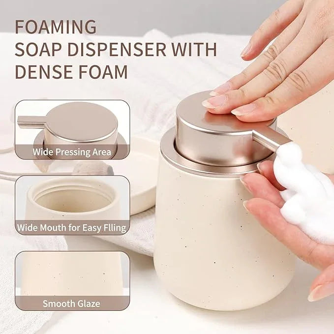 BosilunLife Bathroom Accessories Set 3 pcs - Bathroom Ceramic Foaming Soap Dispenser Set Farmhouse Bathroom Decor, Foam Soap Dispenser and Toothbrush Holder with Tray - ModernBath